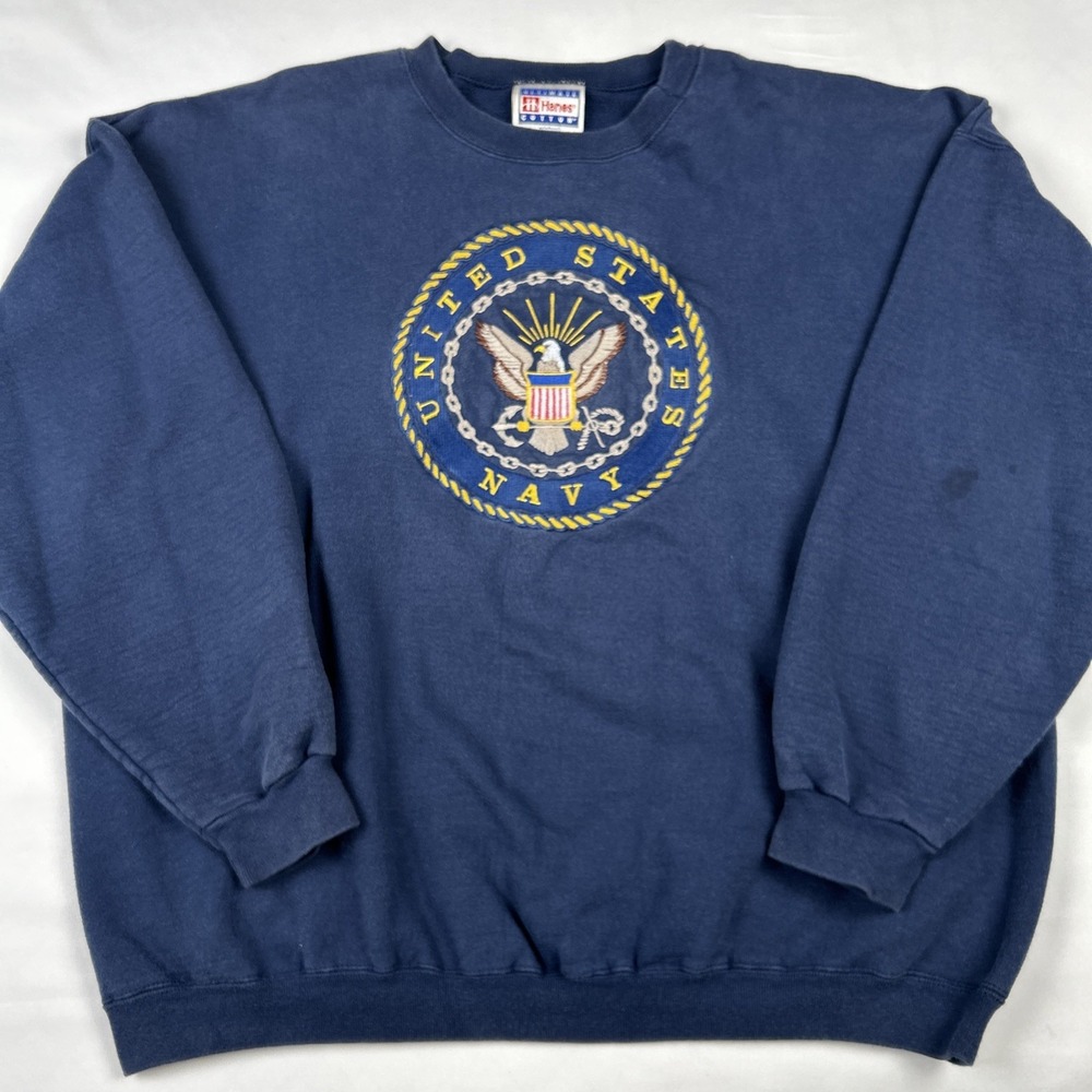 VTG Hanes Print Pro United States Navy Military Sweatshirt Mens XL Embroidered
